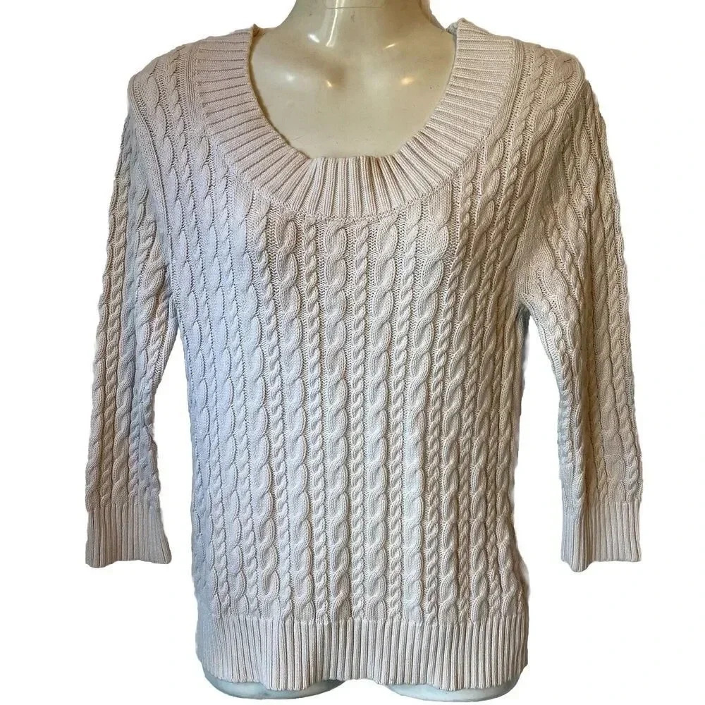 VTG Y2K Faded Glory Original Cotton Sweater Chunky Cable Knit 3/4 Sleeve Women M